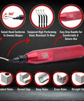 Front view: AFA Tooling deburring tool with red knurled handle and swivel blade; includes 15 extra HSS blades for metal, resin, PVC.