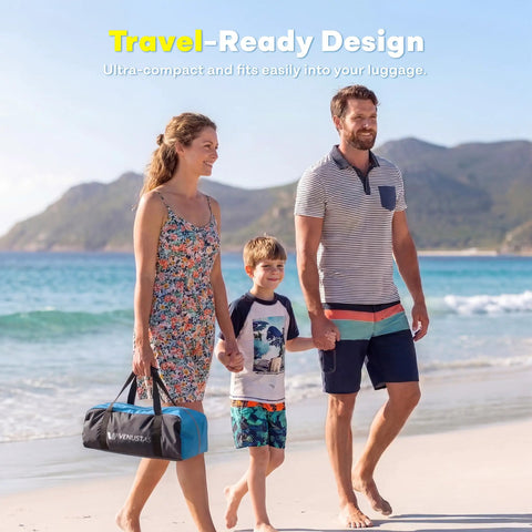 Family carrying a Beach Tent Sun Shelter For 3 4 6 8 People UPF 50 UV Protection Cabana Shade Tent on the beach.