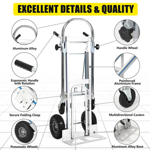 3 In 1 Aluminum Convertible Hand Truck Dolly Heavy Duty Hauler With 800 To 1000 Lb Capacity All Terrain Pneumatic Tires And Smooth Swivel Casters For Easy Load Transport, folded view