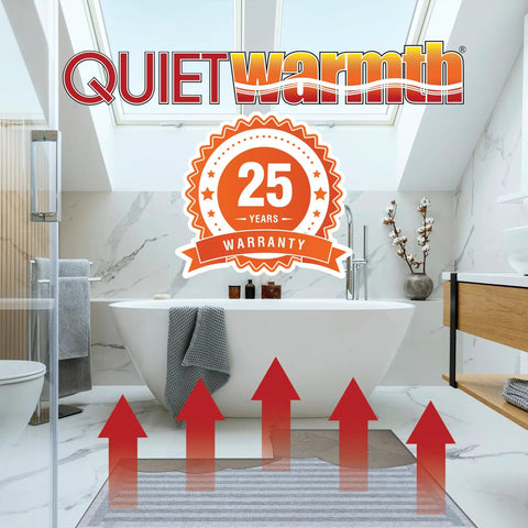 Bathroom with Radiant Floor Heating Mat For Tile And Stone 120V, 15 Sq Ft Coverage, 1.5x10 Mat, highlighting 25-year warranty