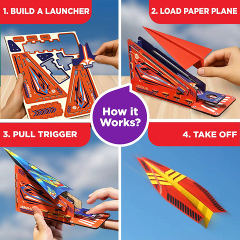DIY Paper Airplane Craft Kit With Launcher, 50 Planes In 5 Designs, step-by-step assembly and flight instructions for kids 6+