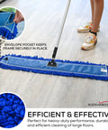 36 Inch Microfiber Dust Mop Head Replacement For Commercial Cleaning Large Washable Mop Head Durable Sweeper For Janitorial Supplies And Floors Blue With Looped Ends To Reduce Lint And Fraying For Pro Grade Performance, shown on a mop handle cleaning a floor