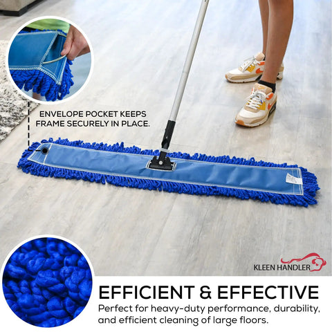 36 Inch Microfiber Dust Mop Head Replacement For Commercial Cleaning Large Washable Mop Head Durable Sweeper For Janitorial Supplies And Floors Blue With Looped Ends To Reduce Lint And Fraying For Pro Grade Performance, shown on a mop handle cleaning a floor