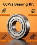 60 Pack Deep Groove Ball Bearings Carbon Steel Assortment Kit For Skateboard Trucks Furniture Wheels And 3D Printers, pre-lubricated bearing shown.