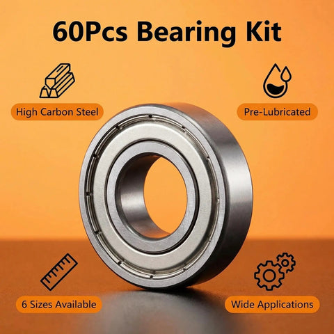 60 Pack Deep Groove Ball Bearings Carbon Steel Assortment Kit For Skateboard Trucks Furniture Wheels And 3D Printers, pre-lubricated bearing shown.