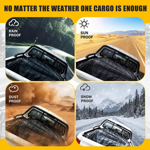 Truck Bed Cargo Net Kit With Stretchable 4x6 to 8x12 Net and Removable Waterproof Tarp Cover for All Weather Use on truck in various conditions