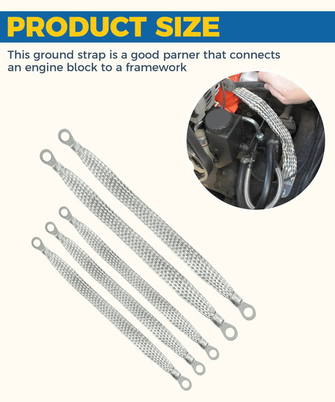 Heavy Duty Engine Ground Strap Kit with Five Flexible Braided Copper Cables, showing sizes and ring terminals for engine wiring.