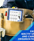 Person with tool belt holding Massive 1705 Piece Machine Screw Kit With Metric Bolts M2 M3 M4 M5 Nuts Lock Washers in case