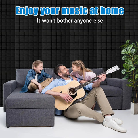 Family enjoying music at home with black 4 Pack Acoustic Foam Panels For Studio Soundproofing, 2 Inch Thick, 24 By 48 Inch Wedge Tiles
