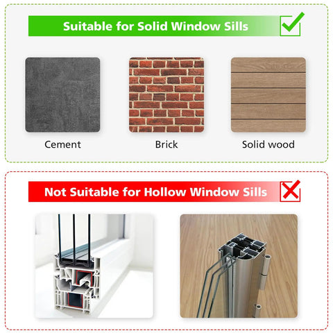 Diagram showing Beefy Window AC Bracket For 5000 To 12000 BTU Units suitable for cement, brick, solid wood but not hollow sills.