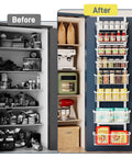 Before and after installation of Over The Door Pantry Organizer Eight Tier With Adjustable Baskets Metal Hanging Spice Rack