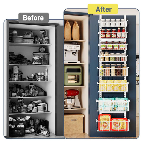 Before and after installation of Over The Door Pantry Organizer Eight Tier With Adjustable Baskets Metal Hanging Spice Rack
