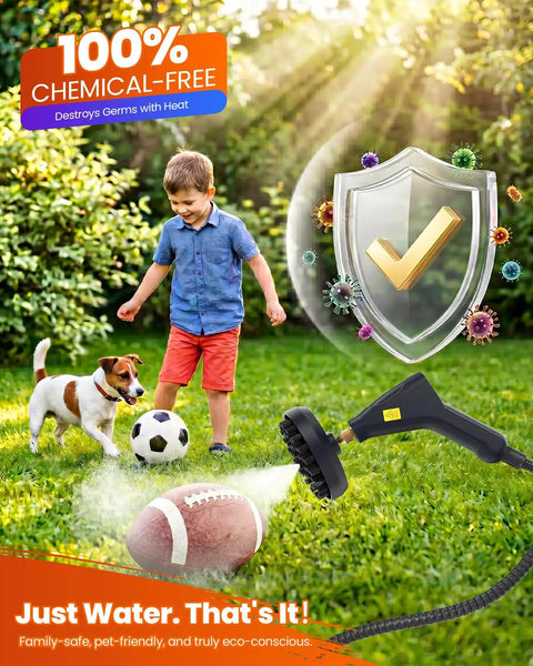 Child playing with dog in garden while using Ultra Powerful 2500W Handheld Steam Cleaner for outdoor cleaning.