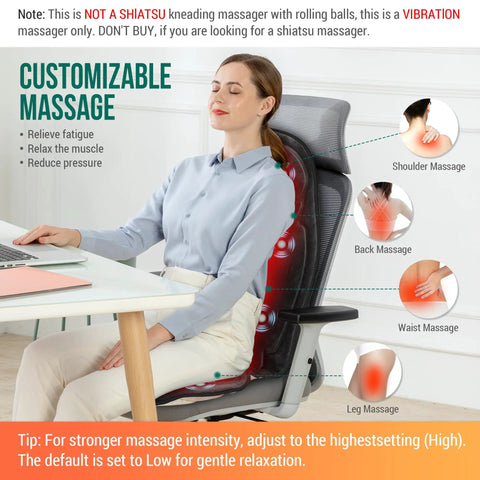 Woman using Go To Vibration Back Massager With Heat For Home Office, 6 vibrating motors, seated at desk, focus on back massage points