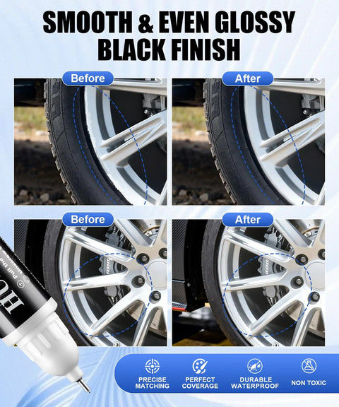 Universal Wheel Repair Kit And Rim Paint Touch Up Pen For Curb Rash Alloy Wheel Scratch Fix Water Proof Sealant To Knock Out Beat Up Scuffs Real Quick Today before and after photos showing glossy black finish on alloy wheels.