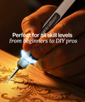Close-up of engraving pen for metal, wood, glass, plastic, and all materials with bright LED light engraving intricate wood design.