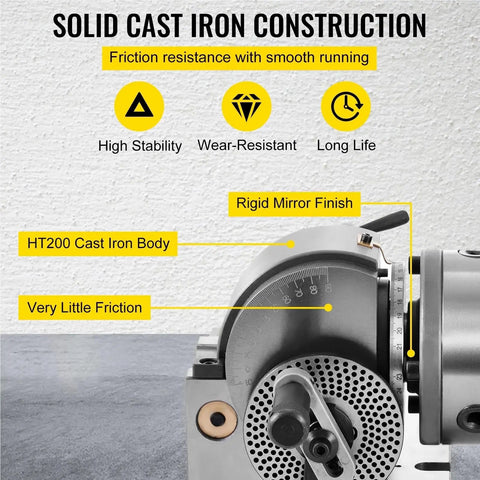 Solid cast iron construction of Precision Five Inch Three Jaw Semi Universal Dividing Head For Milling Machines showcasing durability and stability.