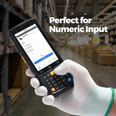 Android 14 Barcode Scanner With Pistol Grip A Real Warehouse Beast Honeywell HS7 QR in glove-covered hand in warehouse setting.