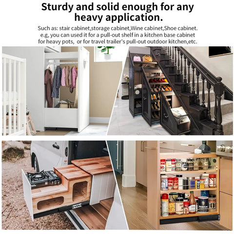 Undermount Heavy Duty Drawer Slides Full Extension Bottom Mounted 16 24 32 40 Inch Hidden Ball Bearing Rails 250 Lb Pair Track Guide Glide Runners shown in various cabinet applications including wardrobe and kitchen.