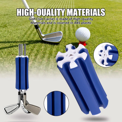 Easy-Access 6-Club Golf Bag Organizer Stand with Secure Strap, blue and white ABS plastic cylindrical holder on golf course