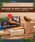 Chill Wood Carving Kit For Beginners And Kids Comfort Bird DIY Whittling Set with tools and wood blocks on a table.