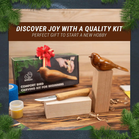 Chill Wood Carving Kit For Beginners And Kids Comfort Bird DIY Whittling Set with tools and wood blocks on a table.