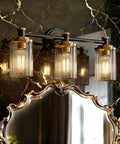 Three Light Black Brass Vanity Fixture With Clear Striped Glass Shades E26 Base Mounts Over Mirror Vintage Yet Modern Bathroom Lighting