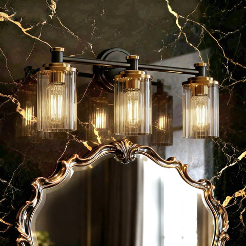 Three Light Black Brass Vanity Fixture With Clear Striped Glass Shades E26 Base Mounts Over Mirror Vintage Yet Modern Bathroom Lighting