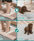 Before and after using 12 Plus 2 Pcs Rug Gripper Set With Double Sided Rug Pads, showing rug stability on hardwood floors.