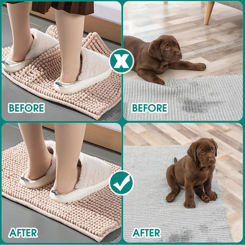 Before and after using 12 Plus 2 Pcs Rug Gripper Set With Double Sided Rug Pads, showing rug stability on hardwood floors.