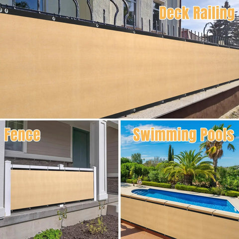 3 Ft By 50 Ft Privacy Fence Screen Built Tough Mesh Shade Cover For Outdoor Yard Garden Backyard Breathable HDPE Material with Cable Zip Ties Included Sand installed on deck, fence, and pool area.