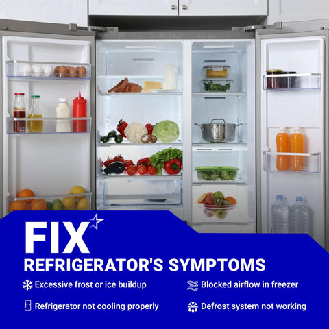 Open refrigerator showing food items and text about fixing common refrigerator problems including frost buildup.