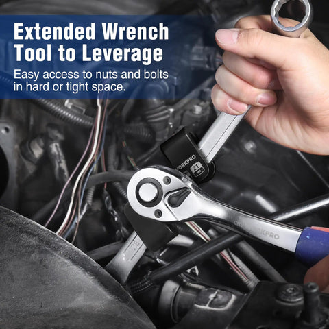 Wrench Extender Tool For 1/2 Inch Breaker Bars And 21mm Hex Drives, Universal Adapter in use for automotive repair.