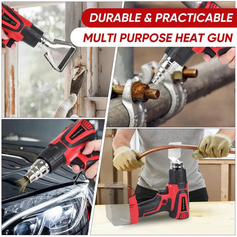 Cordless Heat Gun With M18 Battery Compatibility used for home repairs, removing paint, and crafting with four nozzles shown.