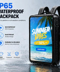 Rock Solid 21.5 Inch Touch Screen Led Advertising Backpack With Android Os And Hella Bright Ip65 Waterproof Display showcasing waterproof features.