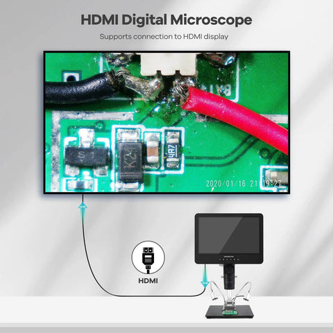 Crystal Clear 2160P HDMI Digital Microscope With 10.1 Inch Display Three Lens System For Soldering Repair Electronics Coins Plants Stones And Biological Slides Up To 2000x Magnification showing HDMI PCB inspection on monitor
