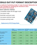 Diagram of module output format description with modes and resistance values alongside a waterproof ultrasonic sensor module image