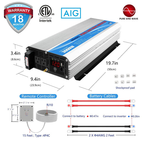 Beefed Up 3000W Pure Sine Wave Inverter For RVs And Off Grid 12V DC To 110V 120V AC ETL Listed UL458 shown with dimensions and accessories