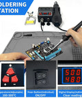 Person using Soldering Station Kit With 8118 Hot Air Gun 2 Rolls Solder Wire 5 Tips Stand Desoldering Pump And Curved Tweezers For Easy Electronics Rework And Quick Fixes on electronic board.