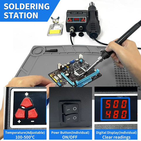 Person using Soldering Station Kit With 8118 Hot Air Gun 2 Rolls Solder Wire 5 Tips Stand Desoldering Pump And Curved Tweezers For Easy Electronics Rework And Quick Fixes on electronic board.