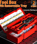 Pro Grade All In One DIY Electronics Crimping Tool Kit With 22 JST Connectors and Crimp Pliers in red portable box.