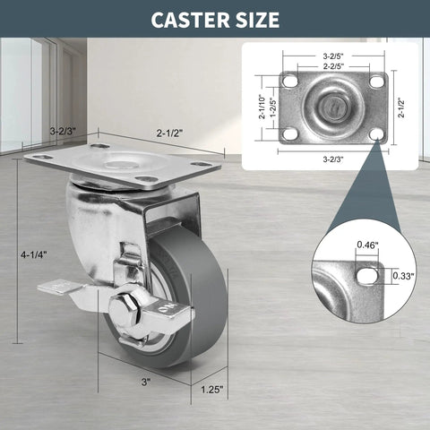 Rock Solid 3 Inch TPR Rubber Caster Wheels Set Of Four Hella Smooth Rolling Heavy Duty Non Marking Casters 1200 Lb Capacity detailed size chart.