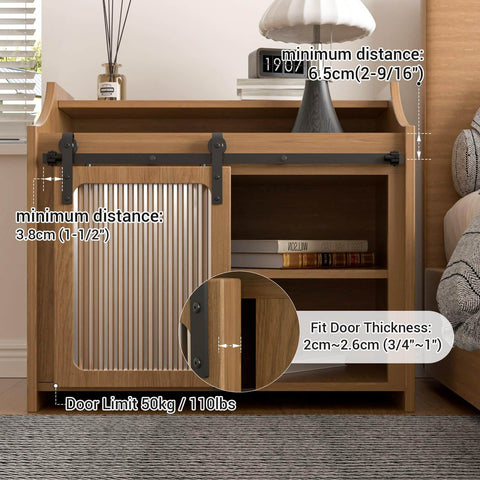 Sliding Barn Door Hardware Kit For Closet And Cabinet, 4 Ft Track System, shown on wooden cabinet, carbon steel, frosted black finish