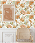 Dope Boho Floral Peel And Stick Wallpaper With Vintage Chomper Flower Design Removable for home decor in yellow and green.