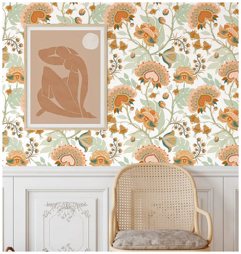 Dope Boho Floral Peel And Stick Wallpaper With Vintage Chomper Flower Design Removable for home decor in yellow and green.