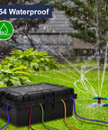 Heavy Duty Large Outdoor Electrical Box IP54 Waterproof Weatherproof 12x9x5 Inch Box Built To Handle 8 Cable Ports Protecting Power Strips, Extension Cords, Surge Protectors, Timers, Large Adapters And Above Ground Pool Accessories. Outdoor black box on lawn with sprinkler water spray