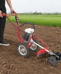 Man using a red 63Cc 4Hp Gas Powered Tiller Cultivator 3 In 1 Hand Push Micro Cultivator For Lawns Gardens Farms Parks And Courtyards With Front Spiral Blades Mow Till Trencher Powerhouse For Tough Weeds And Hard Soil on a farm field.