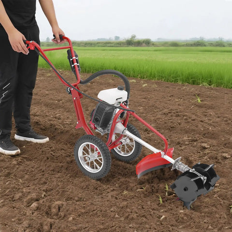 Man using a red 63Cc 4Hp Gas Powered Tiller Cultivator 3 In 1 Hand Push Micro Cultivator For Lawns Gardens Farms Parks And Courtyards With Front Spiral Blades Mow Till Trencher Powerhouse For Tough Weeds And Hard Soil on a farm field.