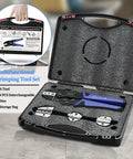 Open case showing Ratcheting Wire Crimping Tool Kit With Four Interchangeable Dies For Heat Shrink Connectors Ferrules And Insulated Terminals