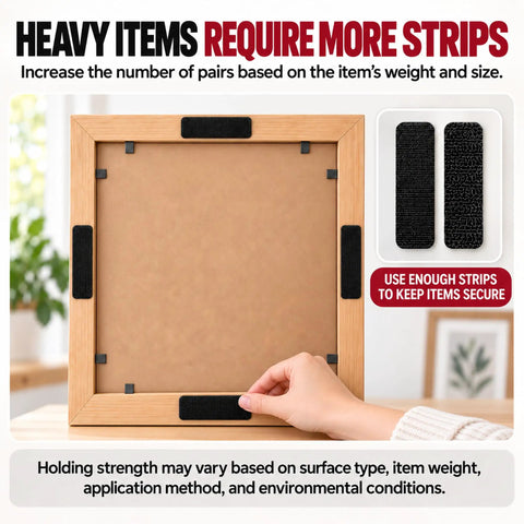 Heavy Duty Hook And Loop Fasteners Double Sided Adhesive Tape Peel And Stick Wall Storage No Drill Needed Holds Like A Champ For Pictures Keys Cables And Gear 48 Pair Roll attached to a wooden frame with application tips.